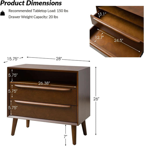 Walnut-Finish Charging Nightstand Two-Drawer
