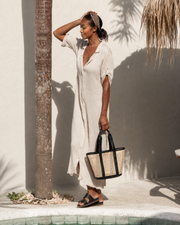 Leather Trim Cane Weave Carryall Bag