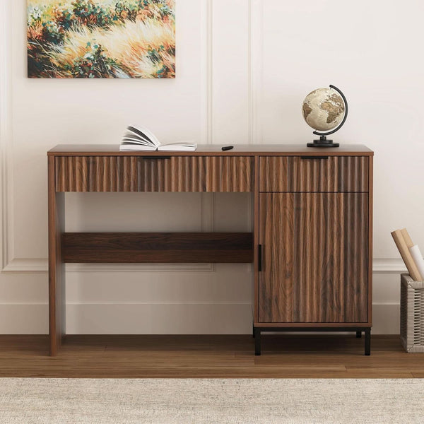 Fluted Wood-Grain Executive Desk with Charging Station