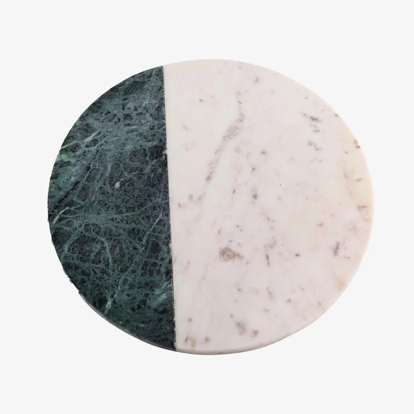 Two-Tone Marble Round Serving Board in a styled home setting