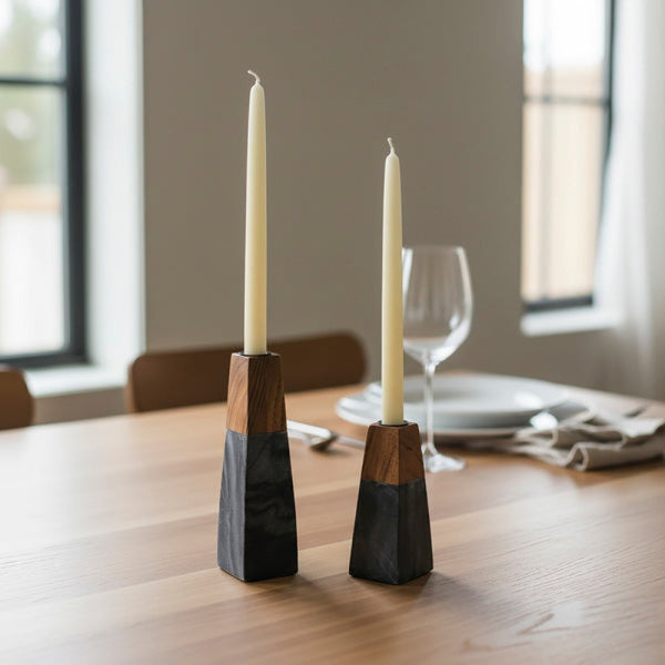 Tapered Marble Acacia Candleholder