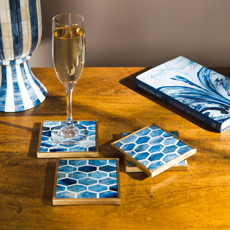 Bone Inlay Hexagon Brass Coaster Set