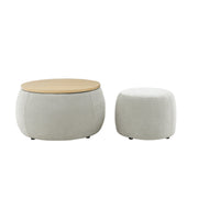 Upholstered Round Storage Ottoman Table — close-up of label and production detail