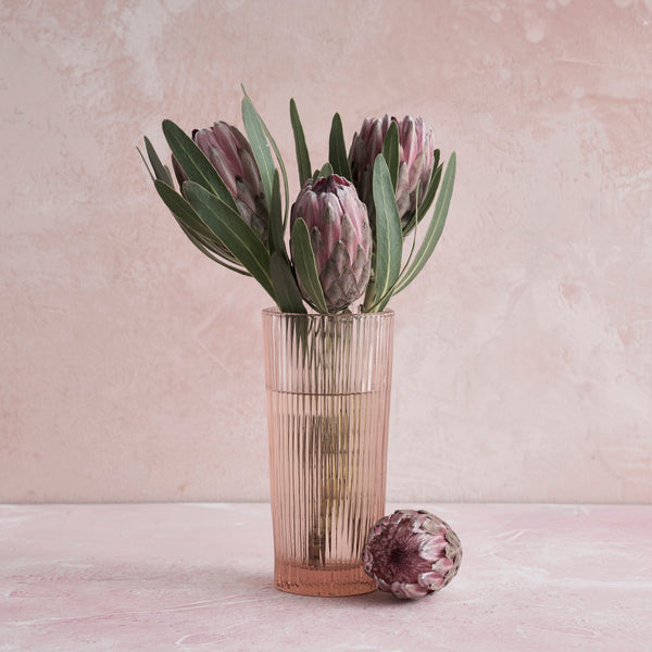 Ribbed Pink Glass Column Vase