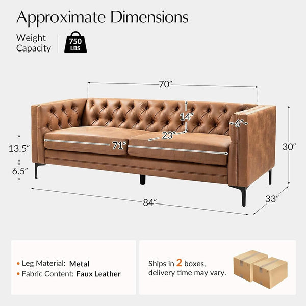 Tufted Faux Leather Three-Seat Sofa