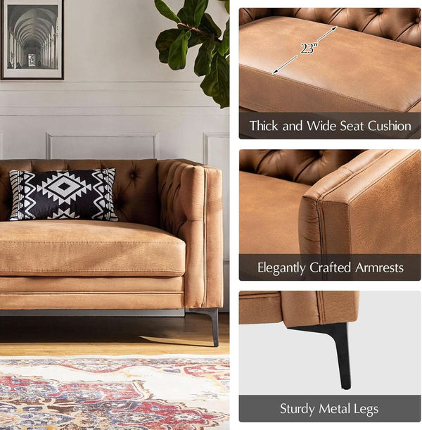 Tufted Faux Leather Three-Seat Sofa
