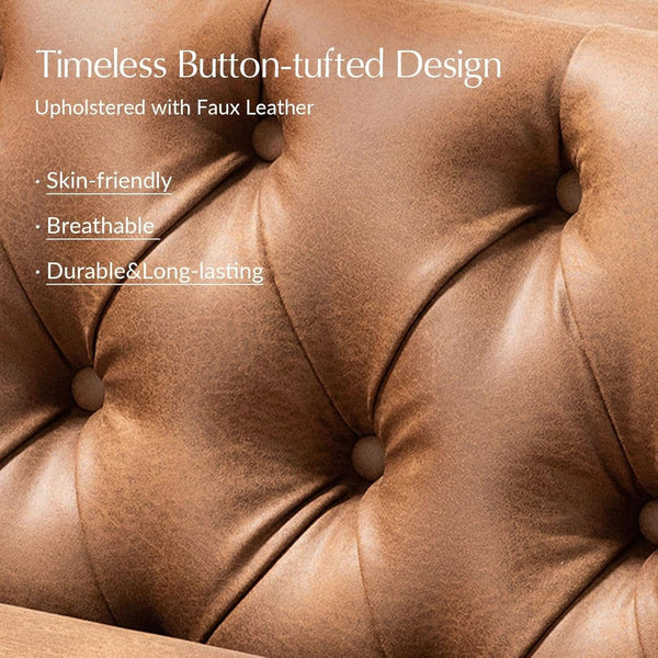 Tufted Faux Leather Three-Seat Sofa