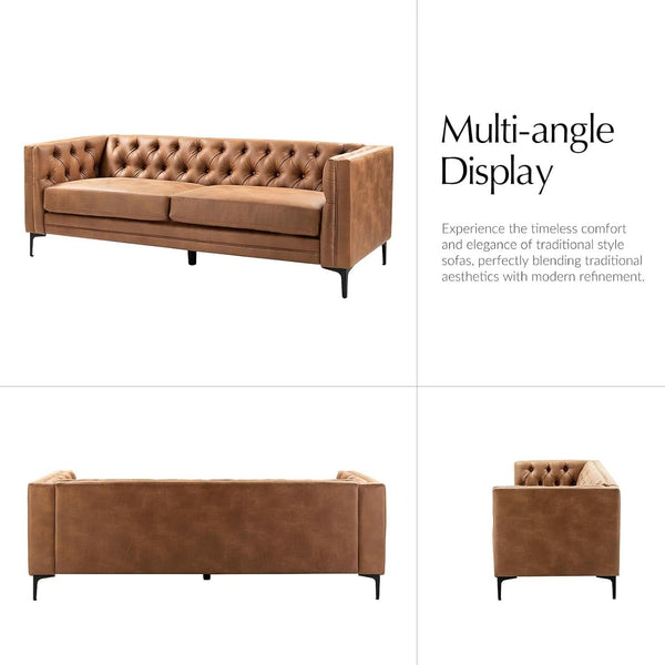 Tufted Faux Leather Three-Seat Sofa