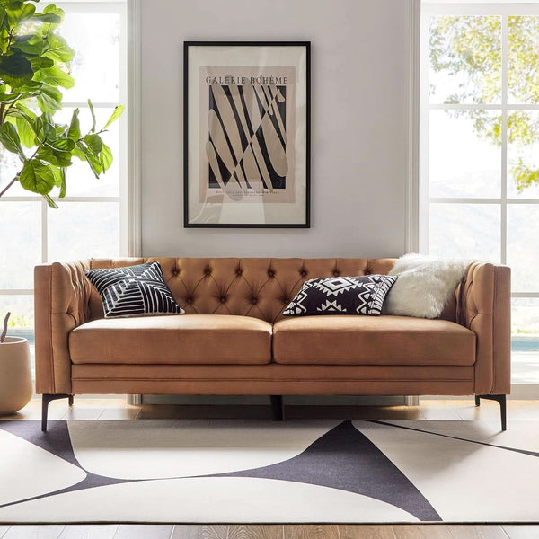 Tufted Faux Leather Three-Seat Sofa