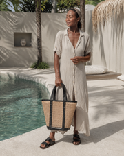 Leather Trim Cane Weave Carryall Bag