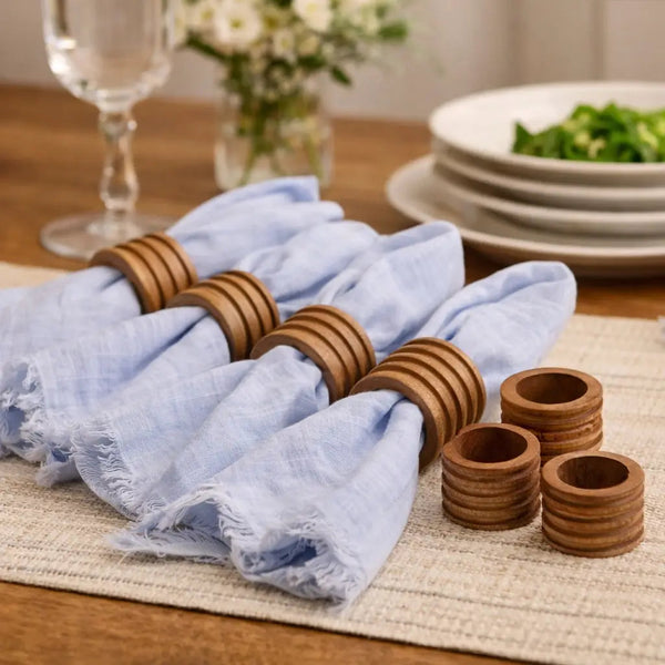 Ridged Mango Wood Napkin Ring Set