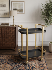 Antique Brass Metal Bar Cart with Ash Wood Trays
