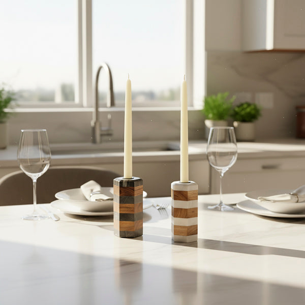 Striped Marble Acacia Taper Candleholder