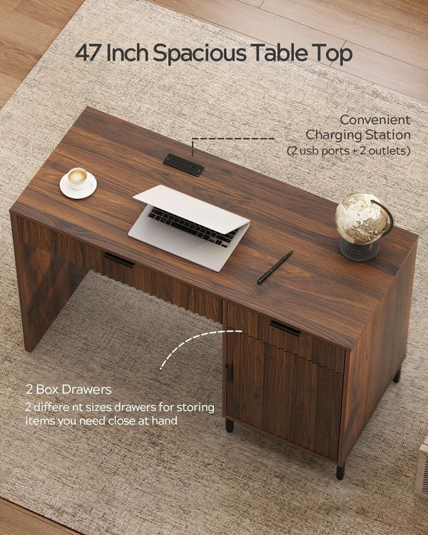 Fluted Wood-Grain Executive Desk with Charging Station