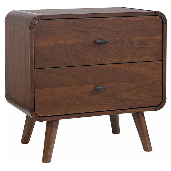 Brown nightstand, rounded rectangular with curved corners and tapered legs
