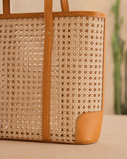 Leather and Rattan Cane Tote Bag
