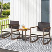 Three Piece Rocking Bistro Set With Cushions And Coffee Table For Outdoor Rattan Patio Off White