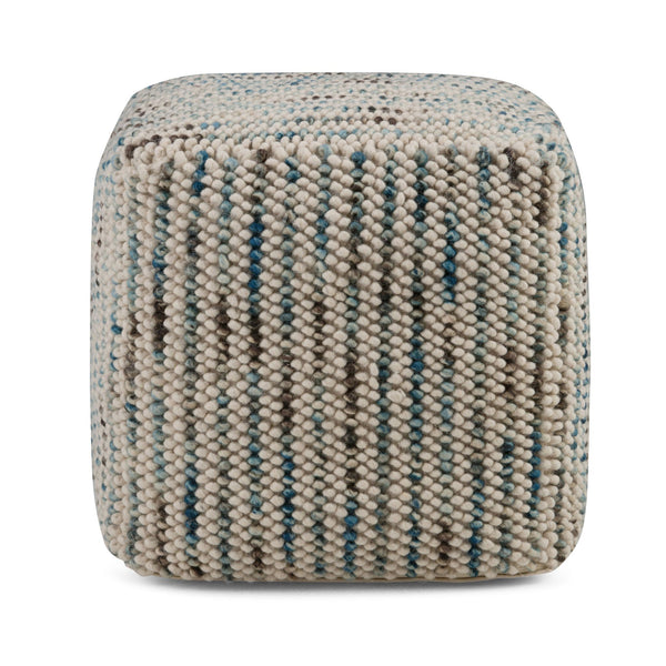 Cream with blue pouf with Vertical woven stripes, Cube