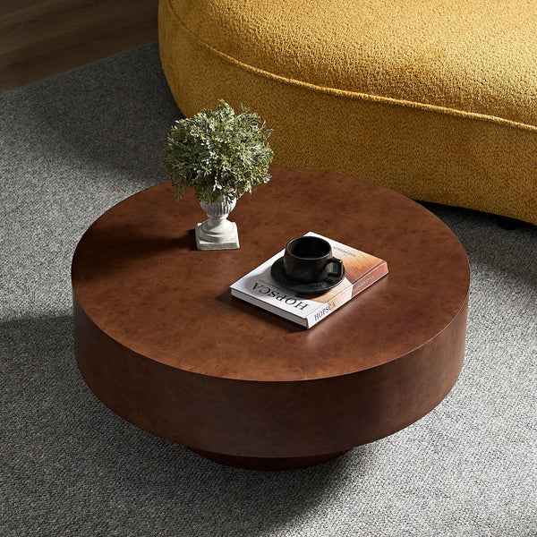 Burl Wood-Grain Round Pedestal Coffee Table