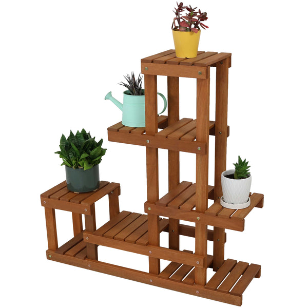 Teak-Finish Meranti Wood Tiered Plant Stand