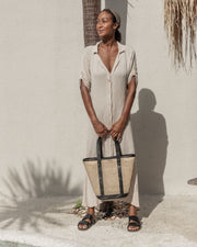 Leather Trim Cane Weave Carryall Bag