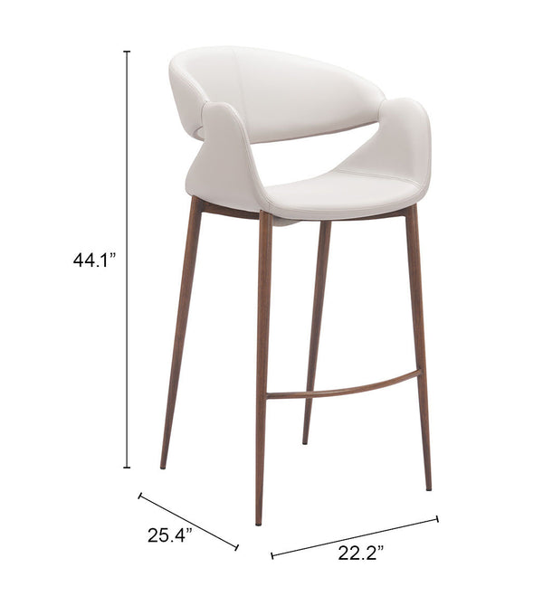 Beige Faux Leather Curved Barstool, Walnut Legs