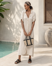 Leather Trim Cane Weave Carryall Bag