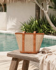 Leather Trim Cane Weave Carryall Bag