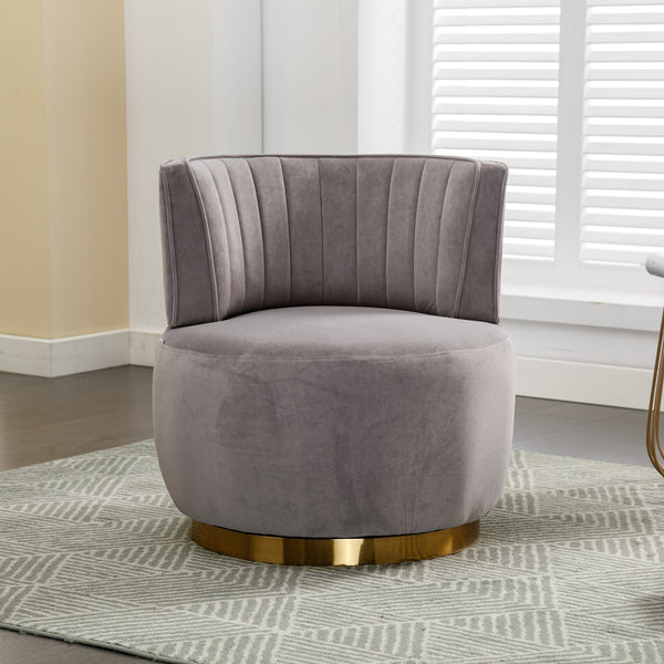 Channel-Tufted Velvet Swivel Accent Chair — Round velvet accent chair with channel back and 360-degree gold-tone swivel base