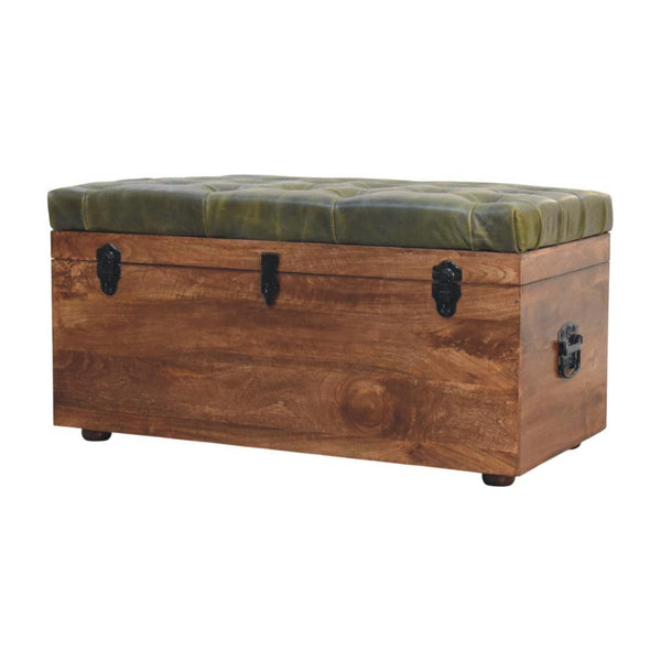 Mango Wood Leather-Top Storage Trunk Bench