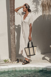 Leather Trim Cane Weave Carryall Bag