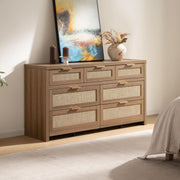 Caramel Oak Rattan-Front Dresser, 7-Drawer