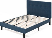 Navy Linen-Look Upholstered Platform Bed Frame