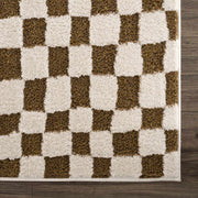 Brown Checkered High-Pile Shag Rug