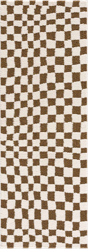 Brown Checkered High-Pile Shag Rug
