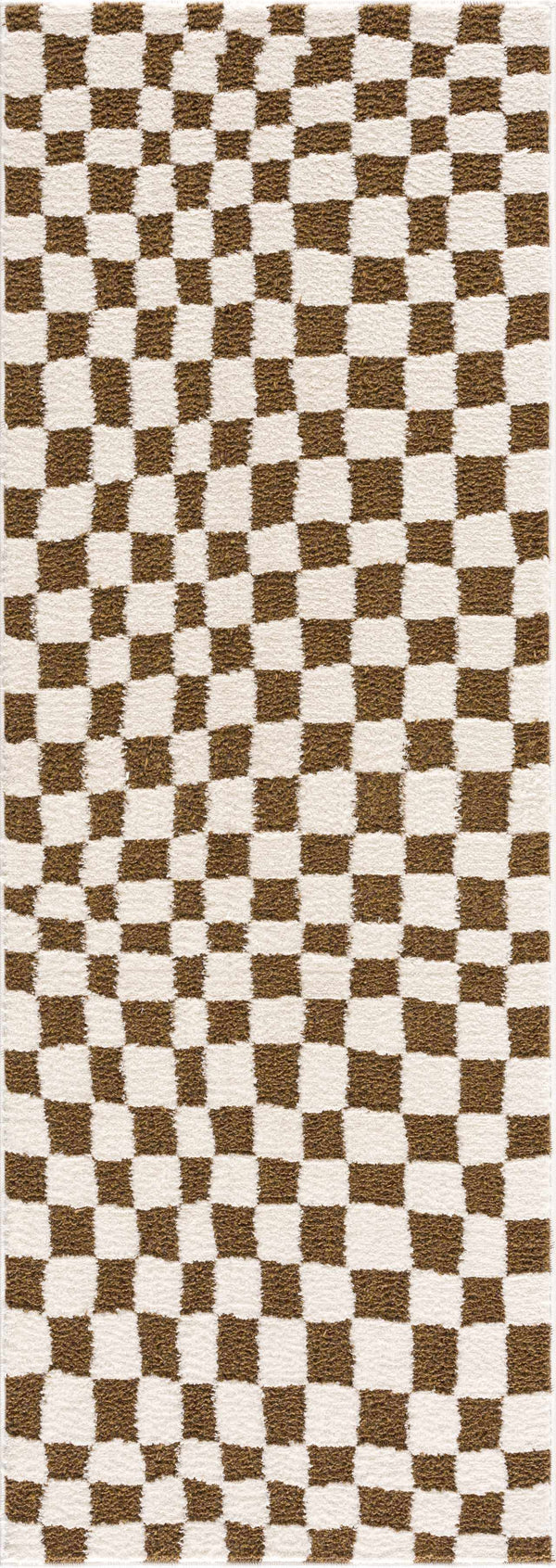 Brown Checkered High-Pile Shag Rug