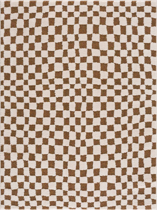 Brown Checkered High-Pile Shag Rug