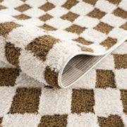Brown Checkered High-Pile Shag Rug