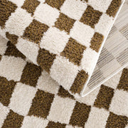 Brown Checkered High-Pile Shag Rug