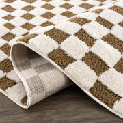 Brown Checkered High-Pile Shag Rug