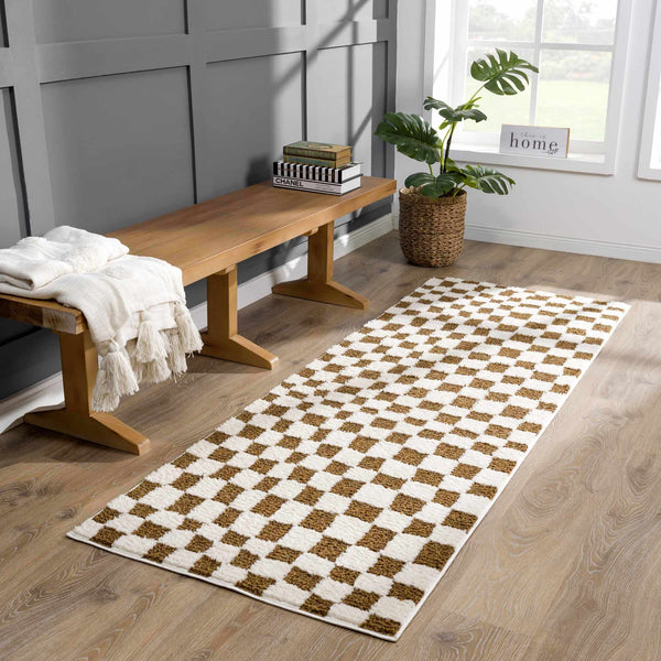 Brown Checkered High-Pile Shag Rug