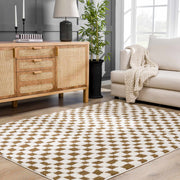 Brown Checkered High-Pile Shag Rug