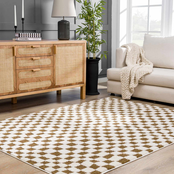 Brown Checkered High-Pile Shag Rug