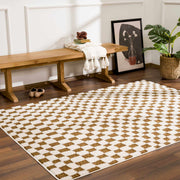 Brown Checkered High-Pile Shag Rug