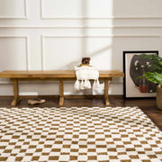 Brown Checkered High-Pile Shag Rug