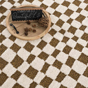Brown Checkered High-Pile Shag Rug