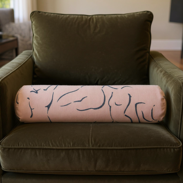 Figure Print Cotton Bolster Pillow styled on coordinated seating