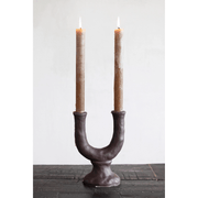 Close-up of handmade construction and surface detail — Stoneware Double Taper Candle Holder in Chocolate