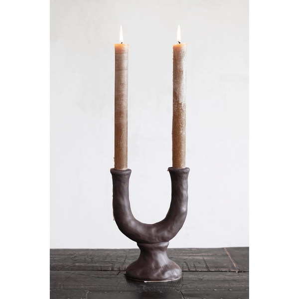 Close-up of handmade construction and surface detail — Stoneware Double Taper Candle Holder in Chocolate