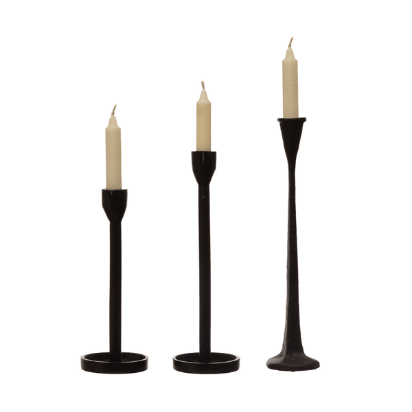 Close-up of turned wood construction and carved detail — Matte Cast Iron Taper Holder